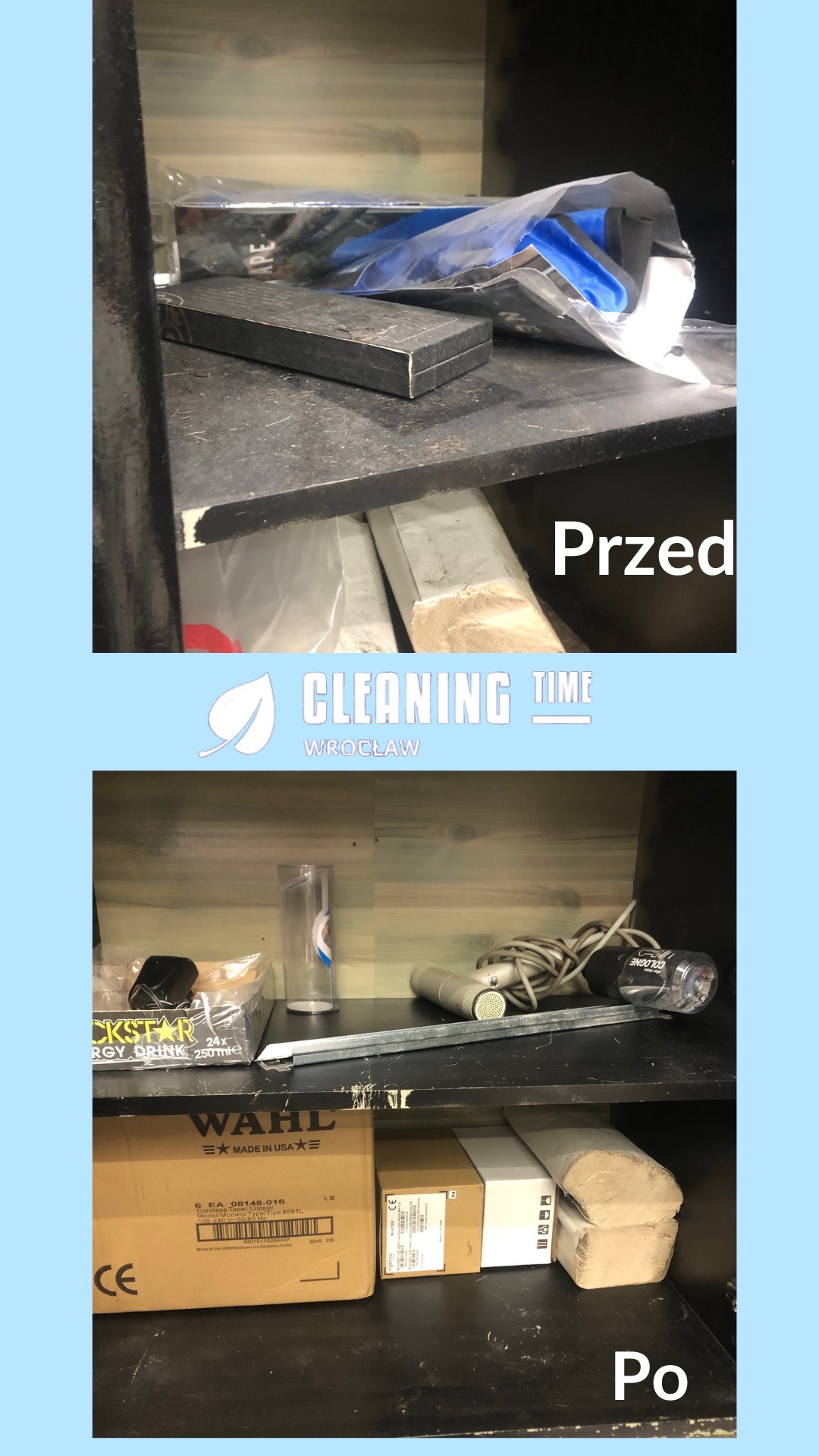 Półka w szafie przed i po posprzątaniu, widoczne narzędzia i akcesoria do czyszczenia oraz artykuły kosmetyczne.