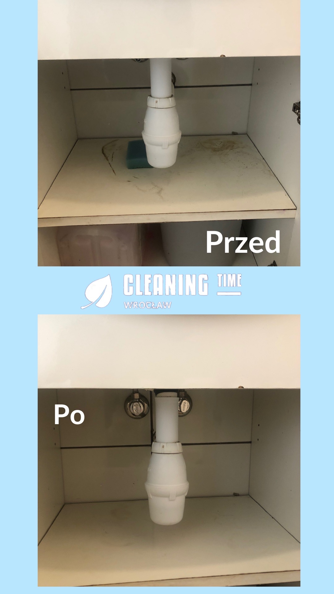 Zdjęcie 'przed' i 'po' czyszczenia szafki pod zlewem, widoczna biała szafka z syfonem, na górnym zdjęciu brudna powierzchnia i gąbka, na dolnym czysta.