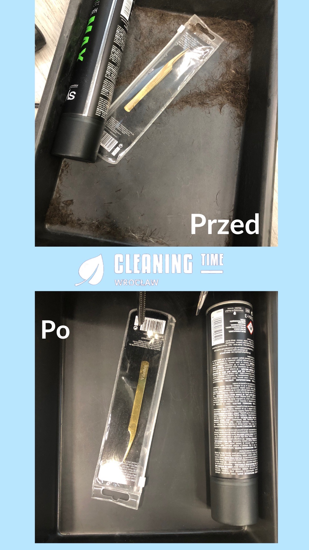 Zdjęcie 'przed i po' prezentujące czyszczenie czarnej kuwety z resztek, obok leży lakier do włosów i pęseta w opakowaniu. Górna część zdjęcia pokazuje kuwetę z zanieczyszczeniami, dolna - kuwetę po...