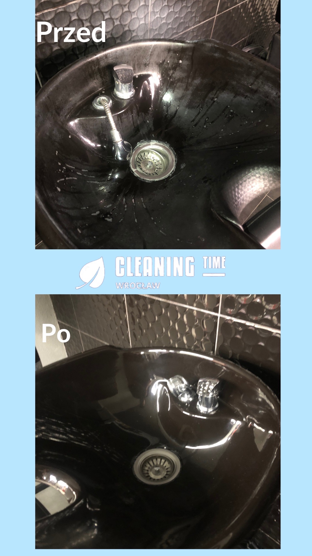 Zestawienie 'Przed' i 'Po' czarnej umywalki fryzjerskiej z chromowaną armaturą i odpływem, widoczne ślady użytkowania na górnym zdjęciu, dolne zdjęcie prezentuje umywalkę po czyszczeniu, tło...