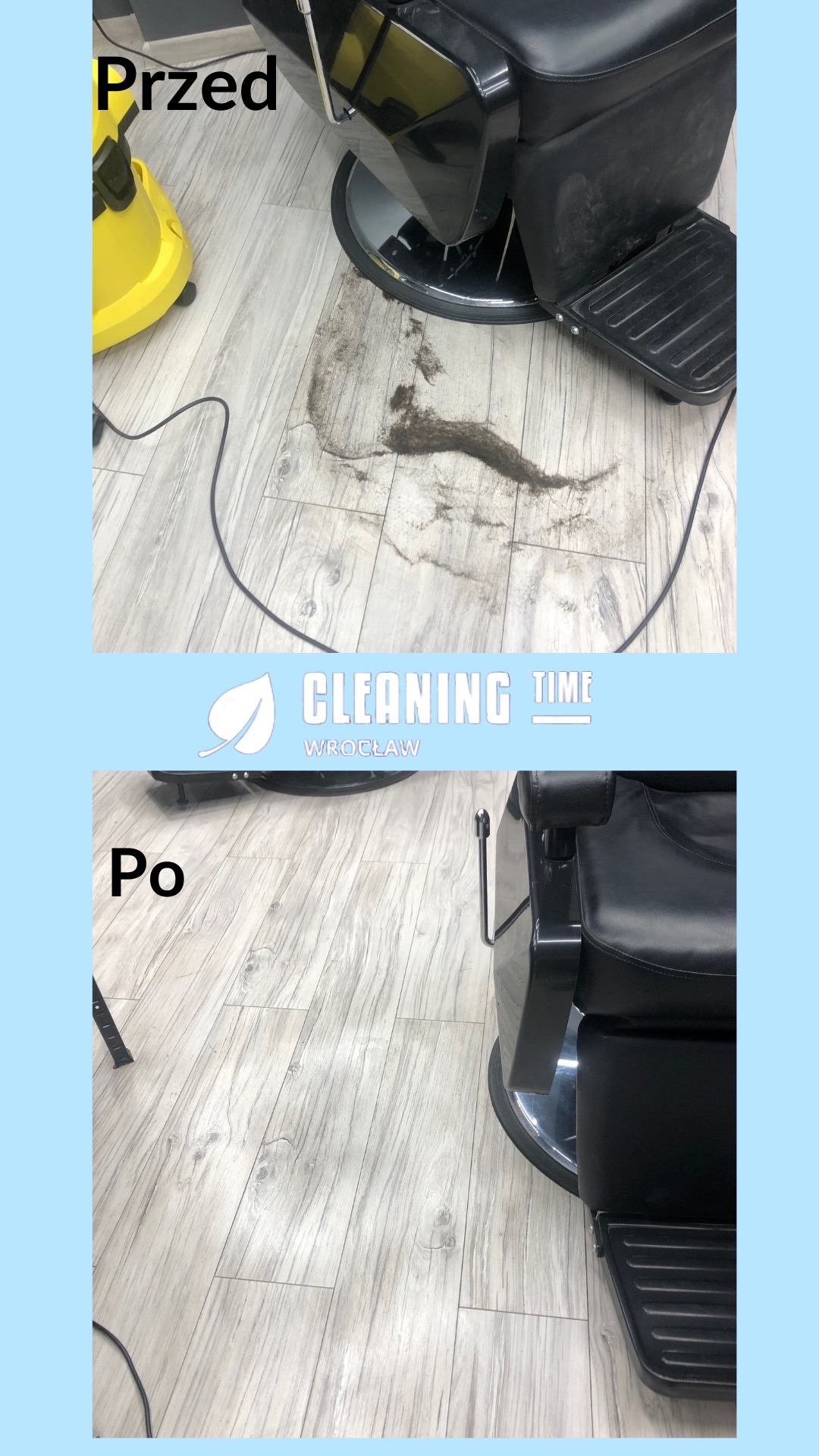 Porównanie stanu podłogi przed i po czyszczeniu pod fotelem fryzjerskim, z widocznym zabrudzeniem z włosów przed i czystą podłogą po, oraz parownicą Karcher w tle.