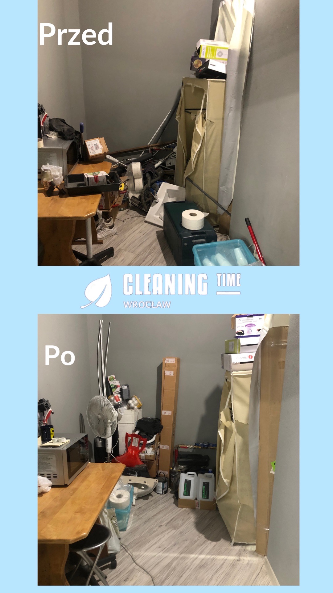 Porównanie 'przed' i 'po' sprzątaniu zagraconego pokoju: bałagan z kablami i przedmiotami na podłodze przed, uporządkowany pokój z widocznym wentylatorem i pojemnikami po sprzątaniu.
