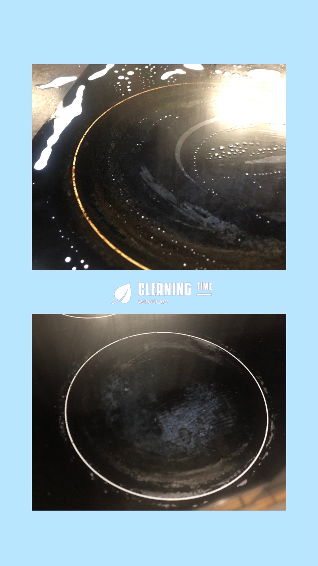 Czyszczenie płyty indukcyjnej: widok przed i po z użyciem detergentu, z widocznymi śladami po zabrudzeniach i smugami.