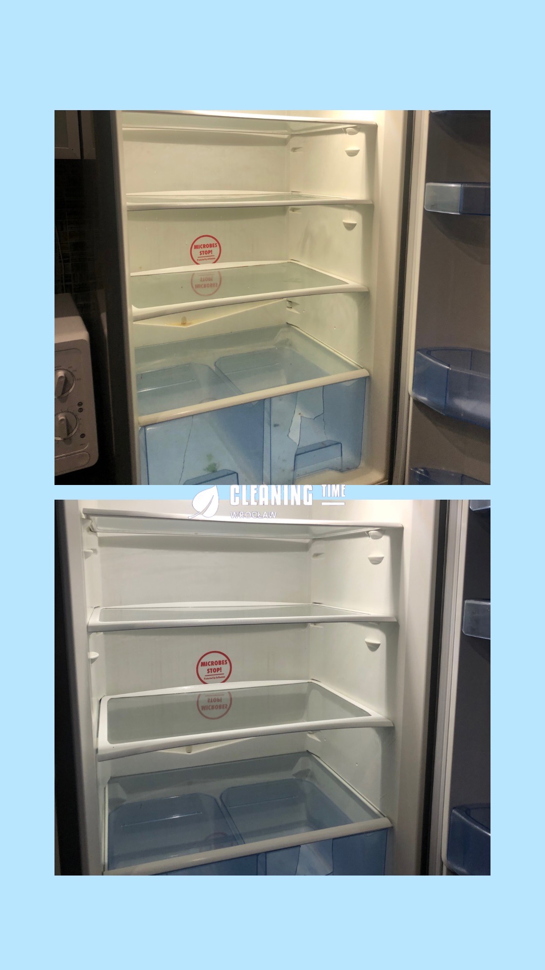 Dwa ujęcia wnętrza lodówki: pierwsze przed czyszczeniem z widocznymi zabrudzeniami i pękniętym plastikiem, drugie po czyszczeniu, wnętrze czyste i odświeżone.