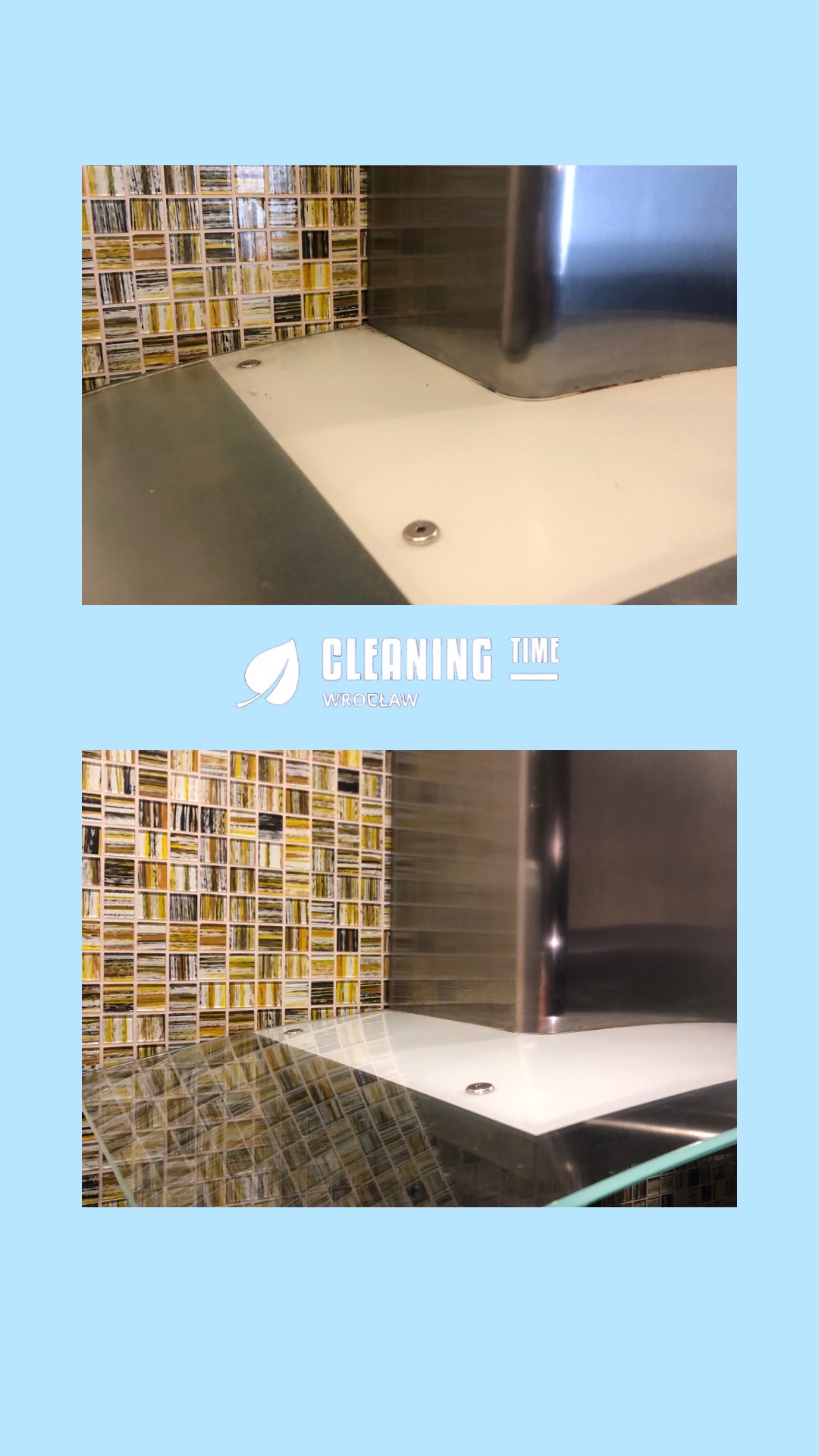 Błyszczący, czysty blat kuchenny z mozaiką na ścianie, widoczne ślady po sprzątaniu w górnej części zdjęcia, dolna część zdjęcia przedstawia ten sam blat po czyszczeniu.