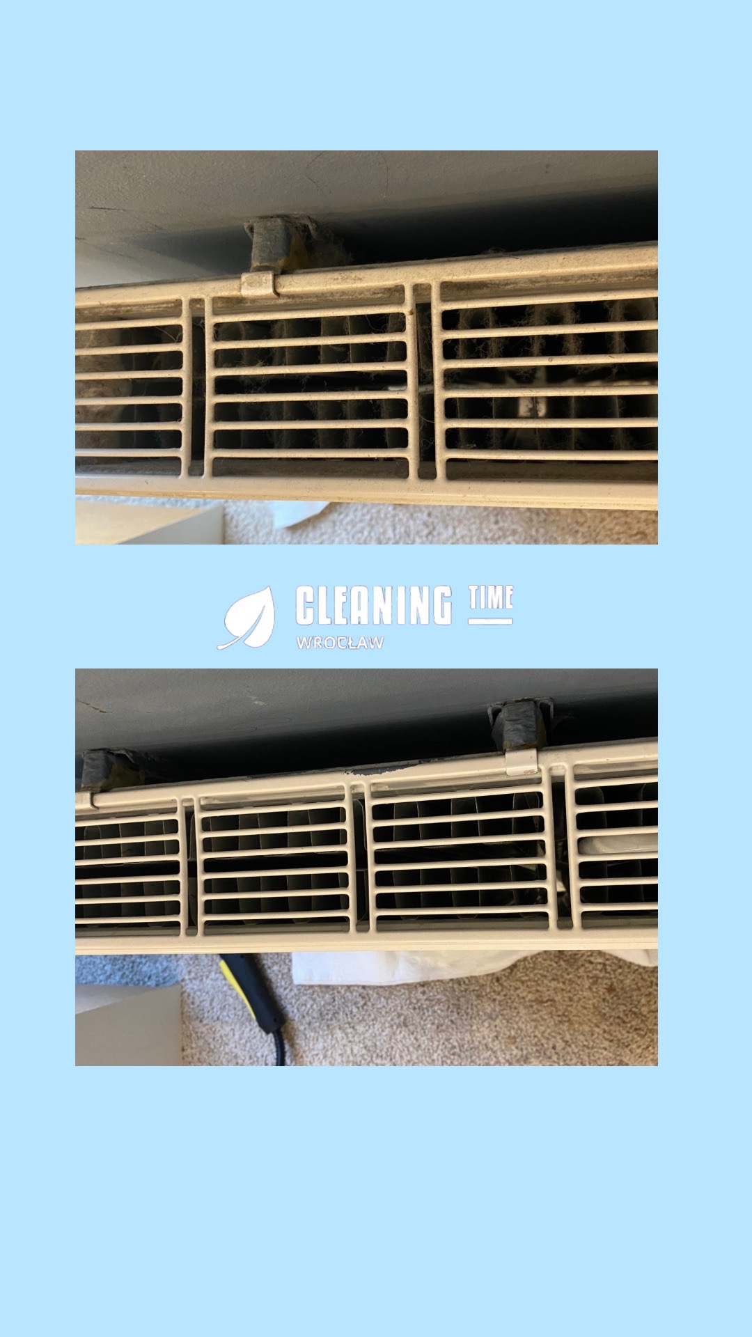 Porównanie stanu grzejnika konwektorowego przed i po czyszczeniu, widoczne nagromadzenie kurzu w górnej części i czyste żebra po zabiegu w dolnej części zdjęcia.