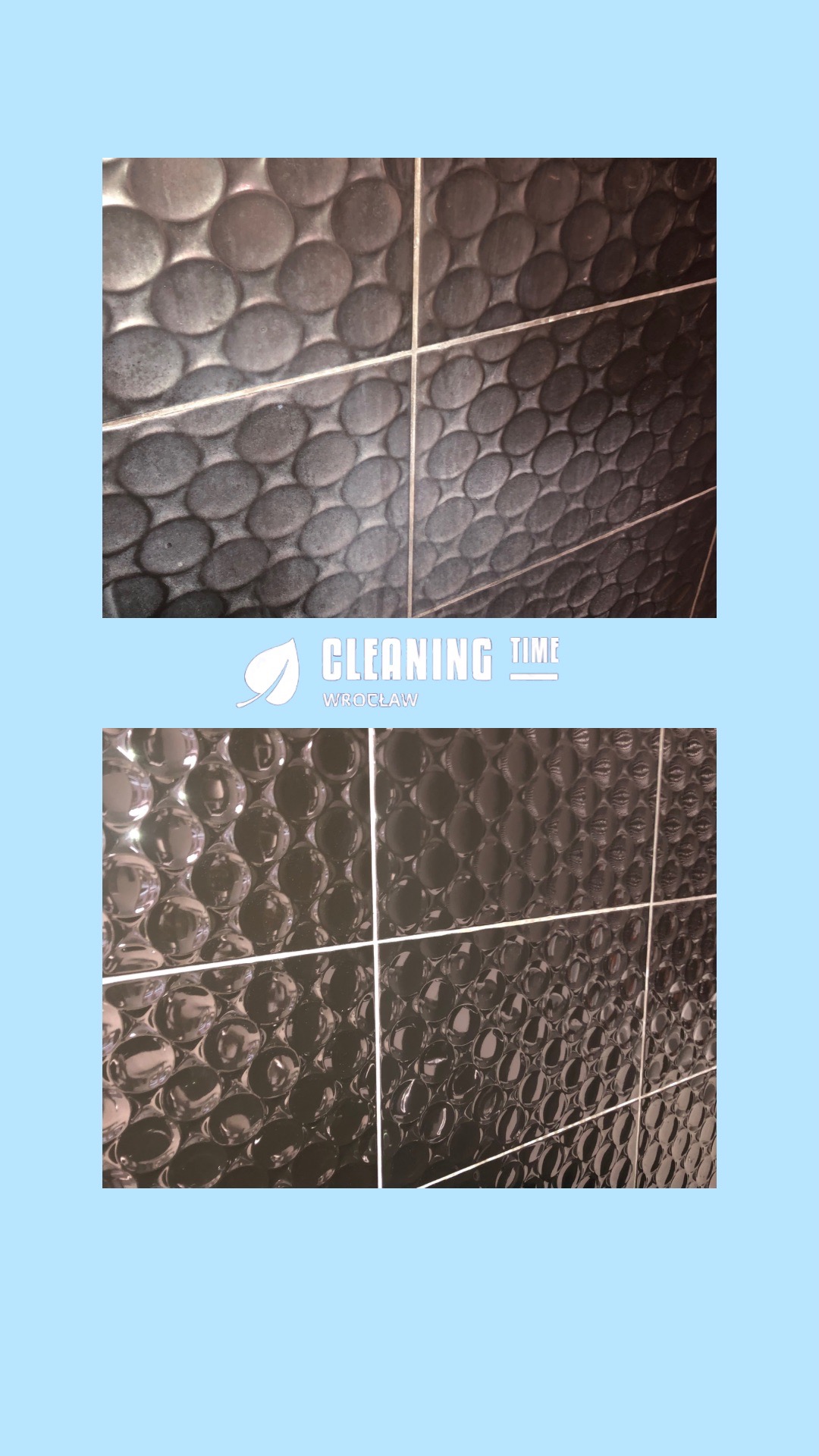 Porównanie czystości czarnych, okrągłych płytek ściennych przed i po czyszczeniu, widoczne fugi.