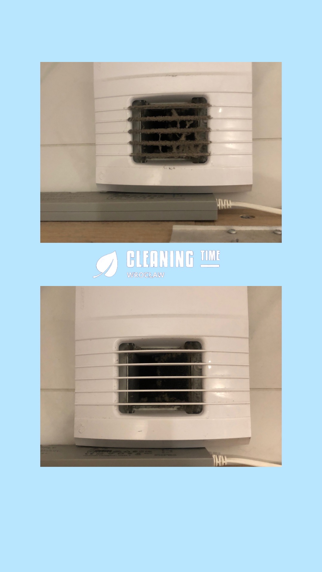 Porównanie stanu kratki wentylacyjnej przed i po czyszczeniu, widoczne nagromadzenie kurzu i brudu w kratce przed czyszczeniem.