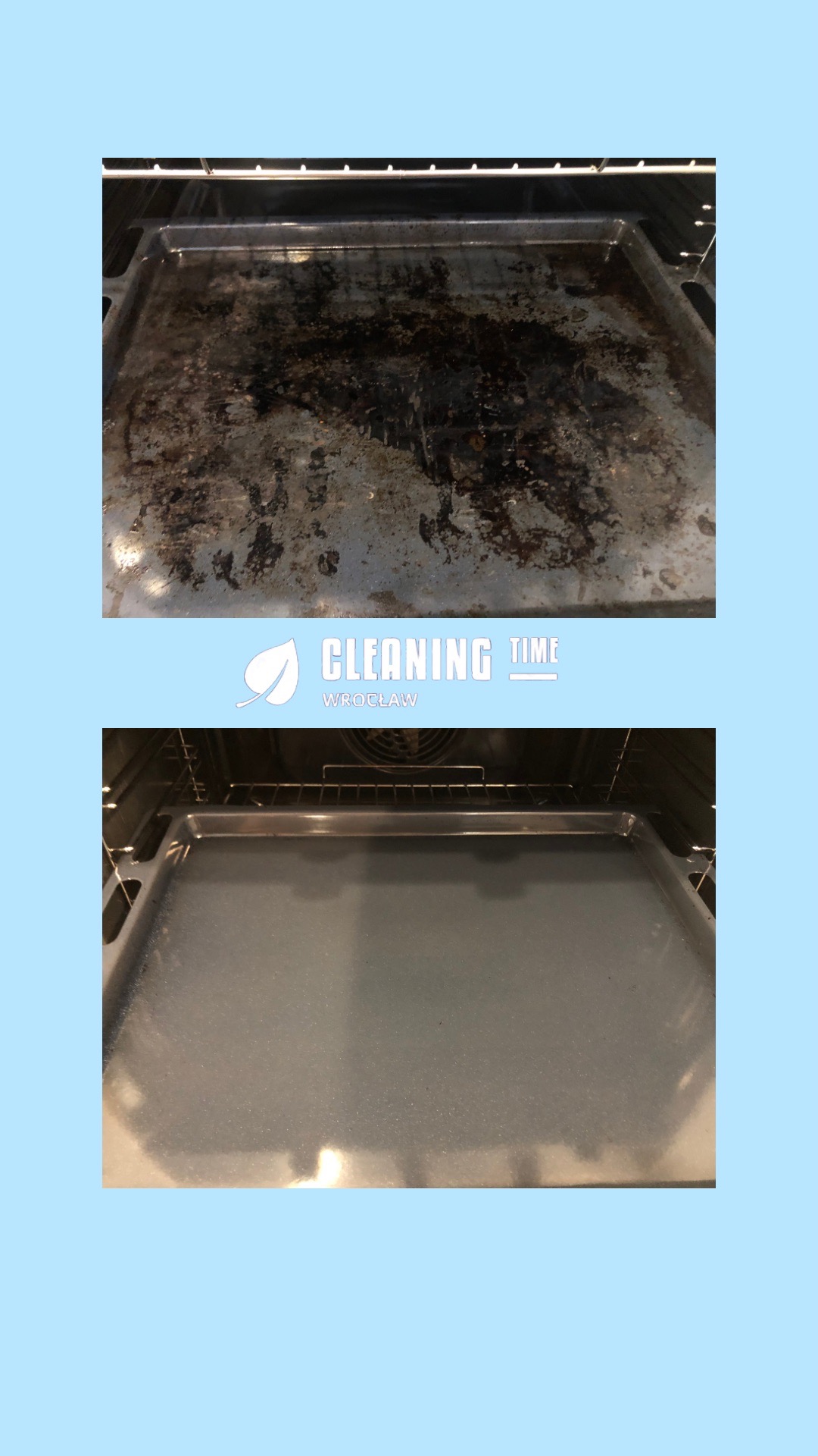 Blacha piekarnika przed i po czyszczeniu we Wrocławiu, widoczne przypalone resztki i błyszcząca powierzchnia po umyciu.