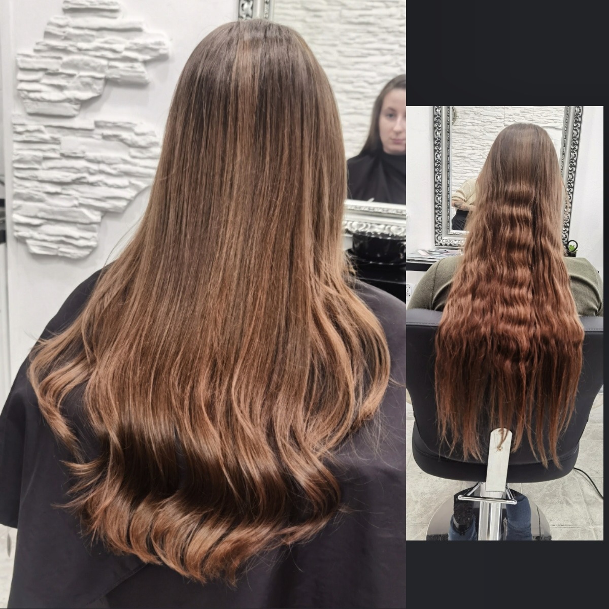 Dwa ujęcia długich, brązowych włosów po zabiegu koloryzacji i pielęgnacji, widok z tyłu, jedno ujęcie z bliska, drugie w odbiciu lustrzanym.