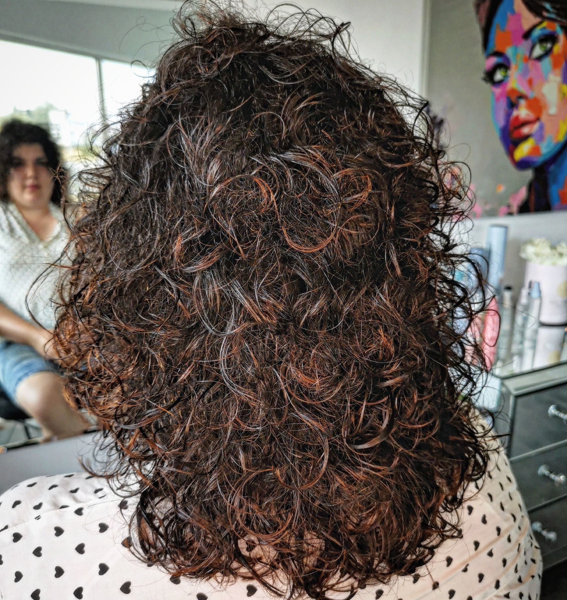 Tył głowy z gęstymi, brązowymi, kręconymi włosami z refleksami, odbicie klientki w lustrze w tle, obok kolorowy obraz na ścianie.