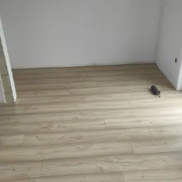 Jasna podłoga z paneli imitujących drewno w nowym pomieszczeniu z białymi ścianami i oknem, widoczny czarny wałek do malowania.