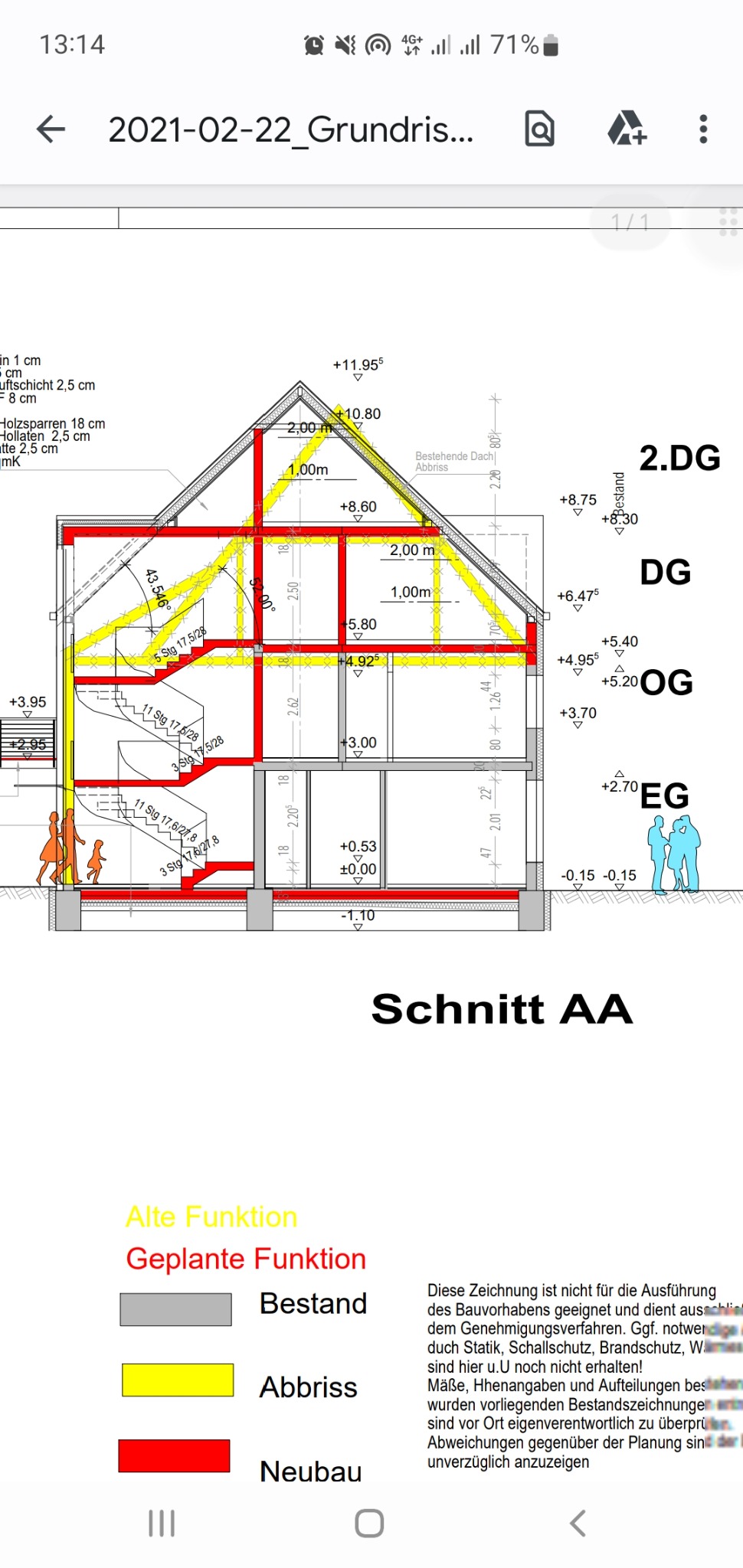 Przekrój architektoniczny budynku z zaznaczonymi elementami istniejącymi, planowanymi do wyburzenia oraz nowymi, z wymiarami i poziomami poszczególnych kondygnacji.