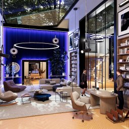 Malu Design Malwina Makowska - Wizualizacja przestronnego salonu z biblioteczką, oświetleniem LED i przeszklonym sufitem. Wnętrze w nowoczesnym stylu z elementami drewna i niebieskiego akcentu.