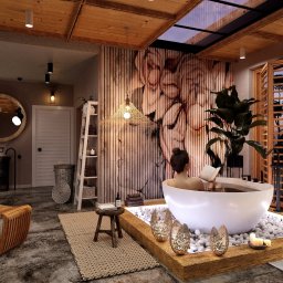 Malu Design Malwina Makowska - Stylowa aranżacja łazienki w Rawie Mazowieckiej z wolnostojącą wanną, drewnianymi elementami i roślinami, tworząca relaksującą atmosferę spa.