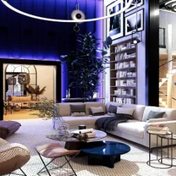 Elegancka aranżacja salonu z niebieską ścianą, nowoczesnymi meblami i dekoracyjnym oświetleniem. Kobieta wchodzi do pomieszczenia przez przeszklone drzwi.