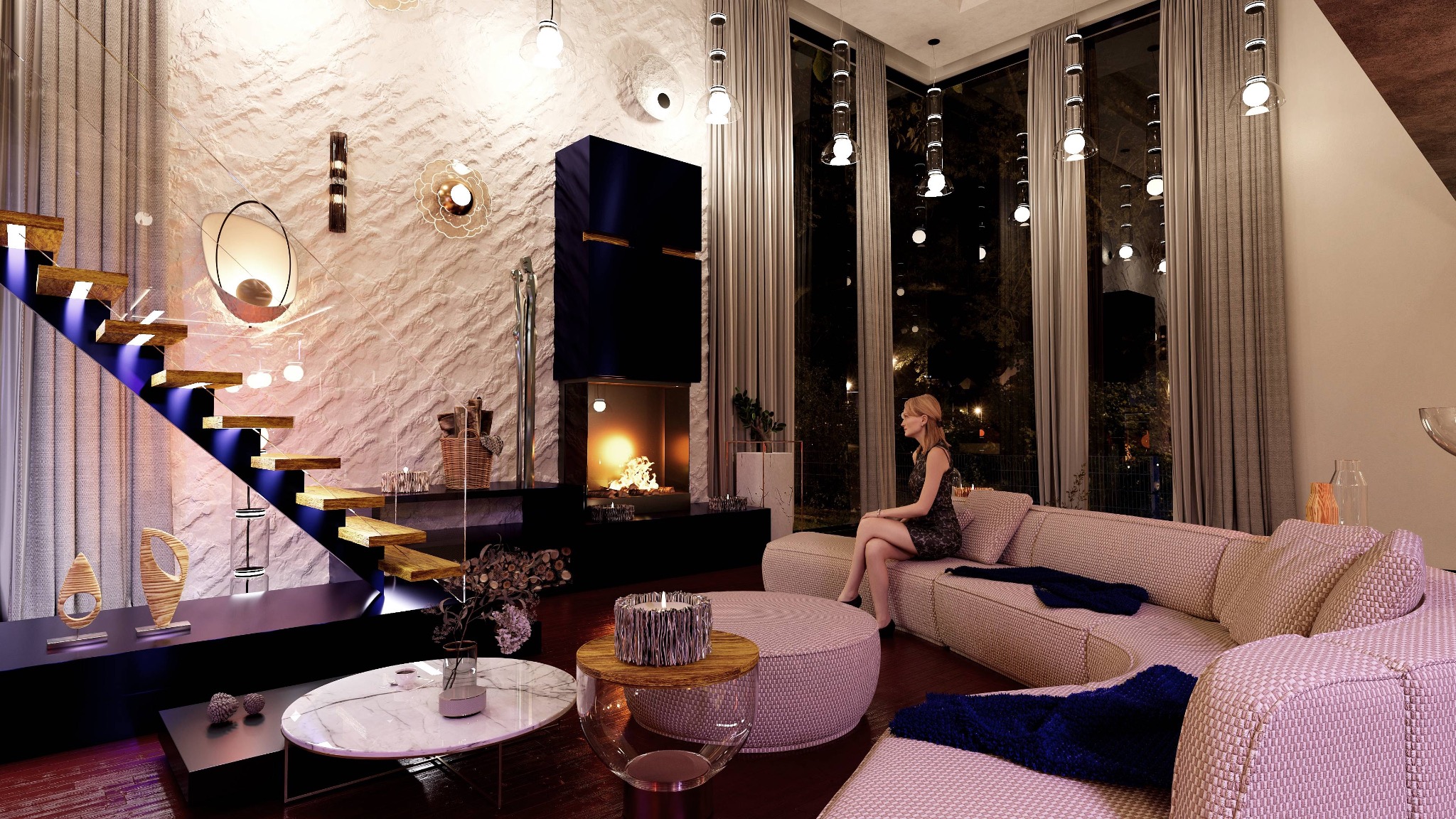 Stylowe wnętrze salonu z designerskimi schodami podświetlonymi na niebiesko, kominkiem i wysokimi oknami z widokiem na zewnątrz. Kobieta siedzi na sofie.