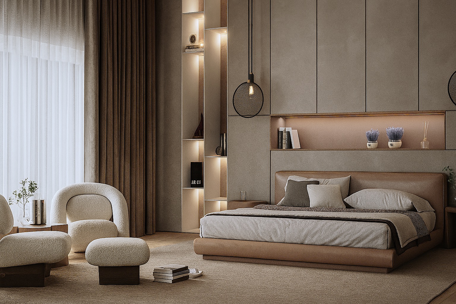 Stylowa sypialnia z beżową paletą barw. Wygodne łóżko z zagłówkiem, fotel typu boucle i oświetlenie LED w półkach tworzą przytulną, nowoczesną aranżację wnętrza.