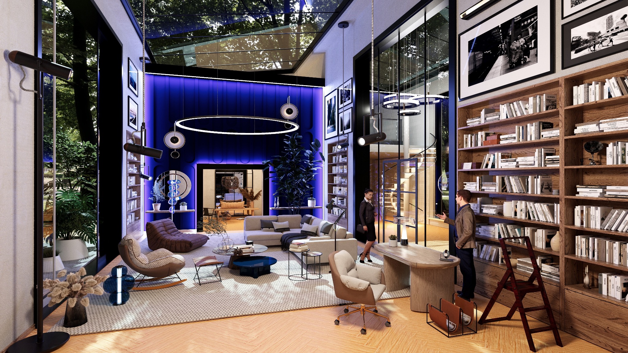 Wizualizacja przestronnego salonu z biblioteczką, oświetleniem LED i przeszklonym sufitem. Wnętrze w nowoczesnym stylu z elementami drewna i niebieskiego akcentu.