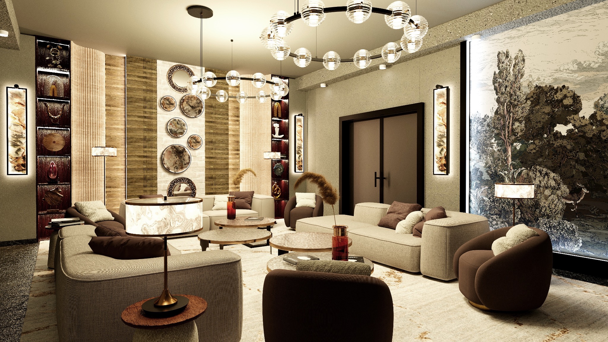 Elegancki salon z sofami w odcieniach beżu, okrągłymi stolikami kawowymi i dekoracyjnymi lampami. Na ścianie panele i grafika leśna. Luksusowe wykończenie.