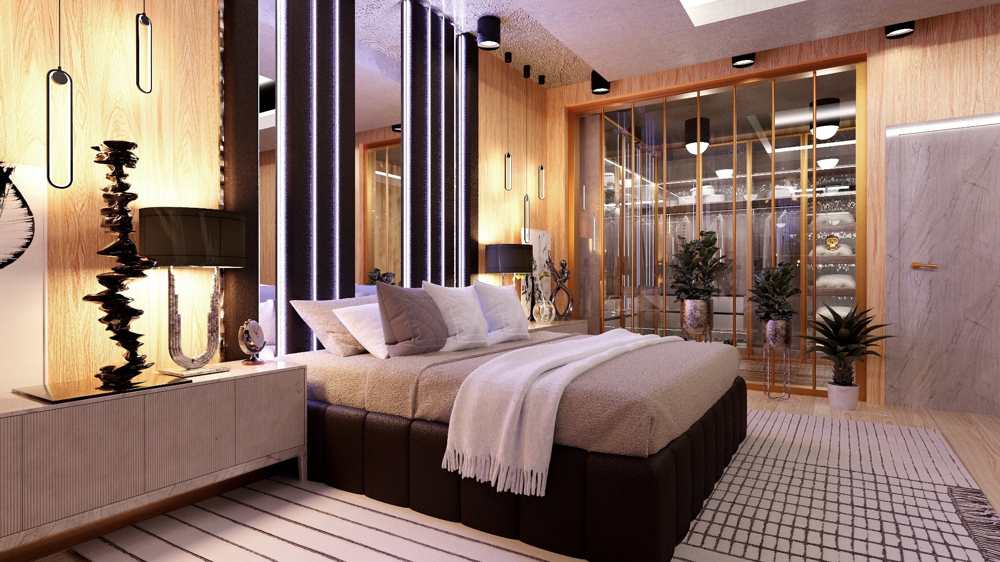 Nowoczesna sypialnia z łóżkiem, szafką nocną z lampami i przeszkloną garderobą. Drewniane panele ścienne i designerskie oświetlenie. Stylowe wnętrze.