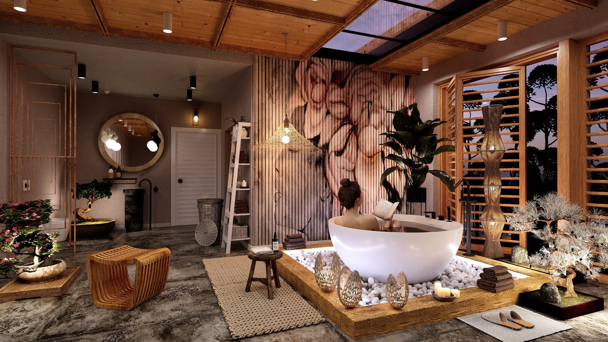 Stylowa aranżacja łazienki w Rawie Mazowieckiej z wolnostojącą wanną, drewnianymi elementami i roślinami, tworząca relaksującą atmosferę spa.