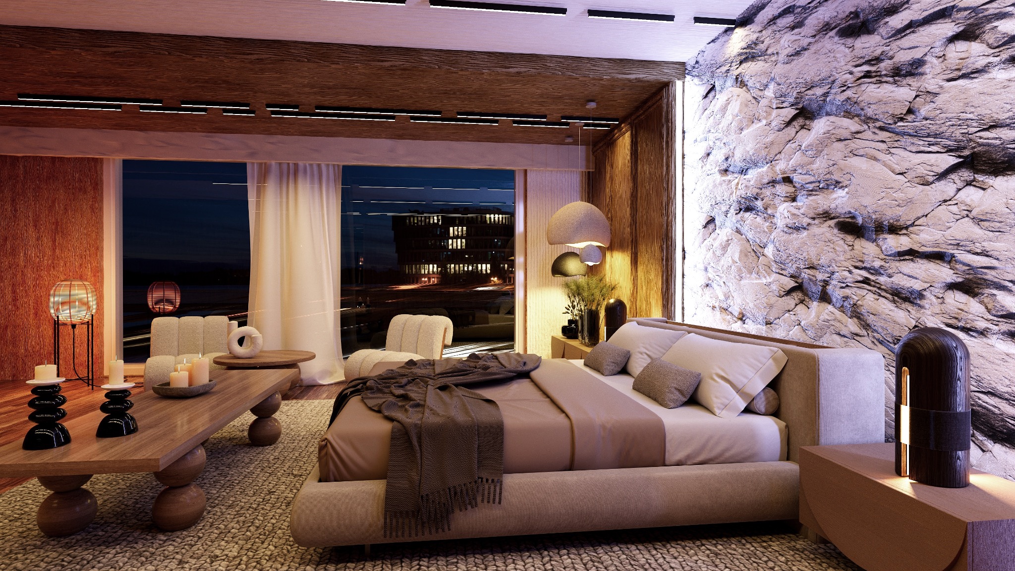 Stylowa sypialnia z łóżkiem, widokiem na miasto nocą i ścianą imitującą skałę. Drewniane elementy dekoracyjne i designerskie lampy tworzą przytulną atmosferę.