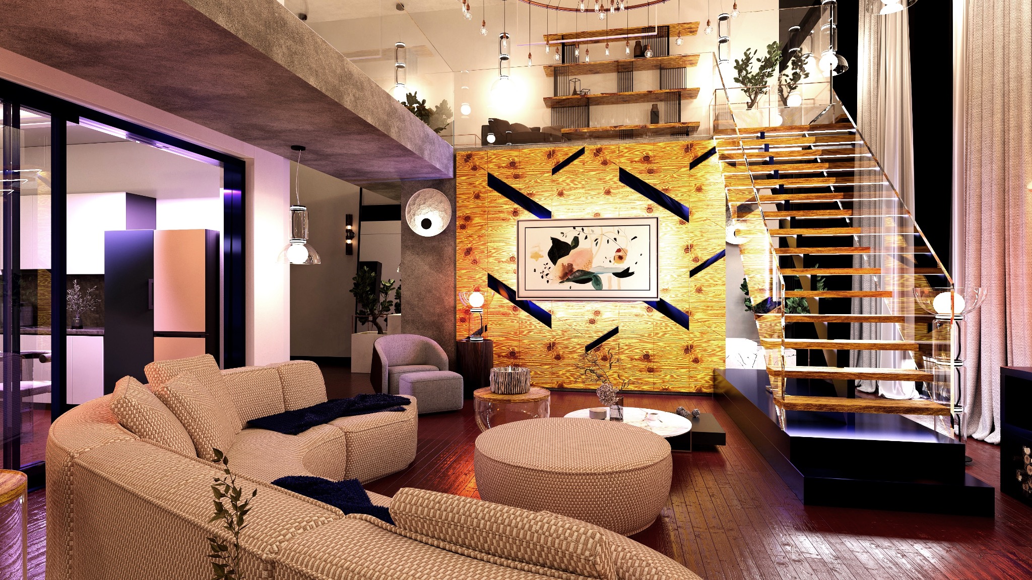 Nowoczesny salon z drewnianą ścianą akcentową, schodami z przezroczystego szkła i beżową sofą modułową. Oświetlenie punktowe i dekoracyjne półki dodają wnętrzu ciepła.