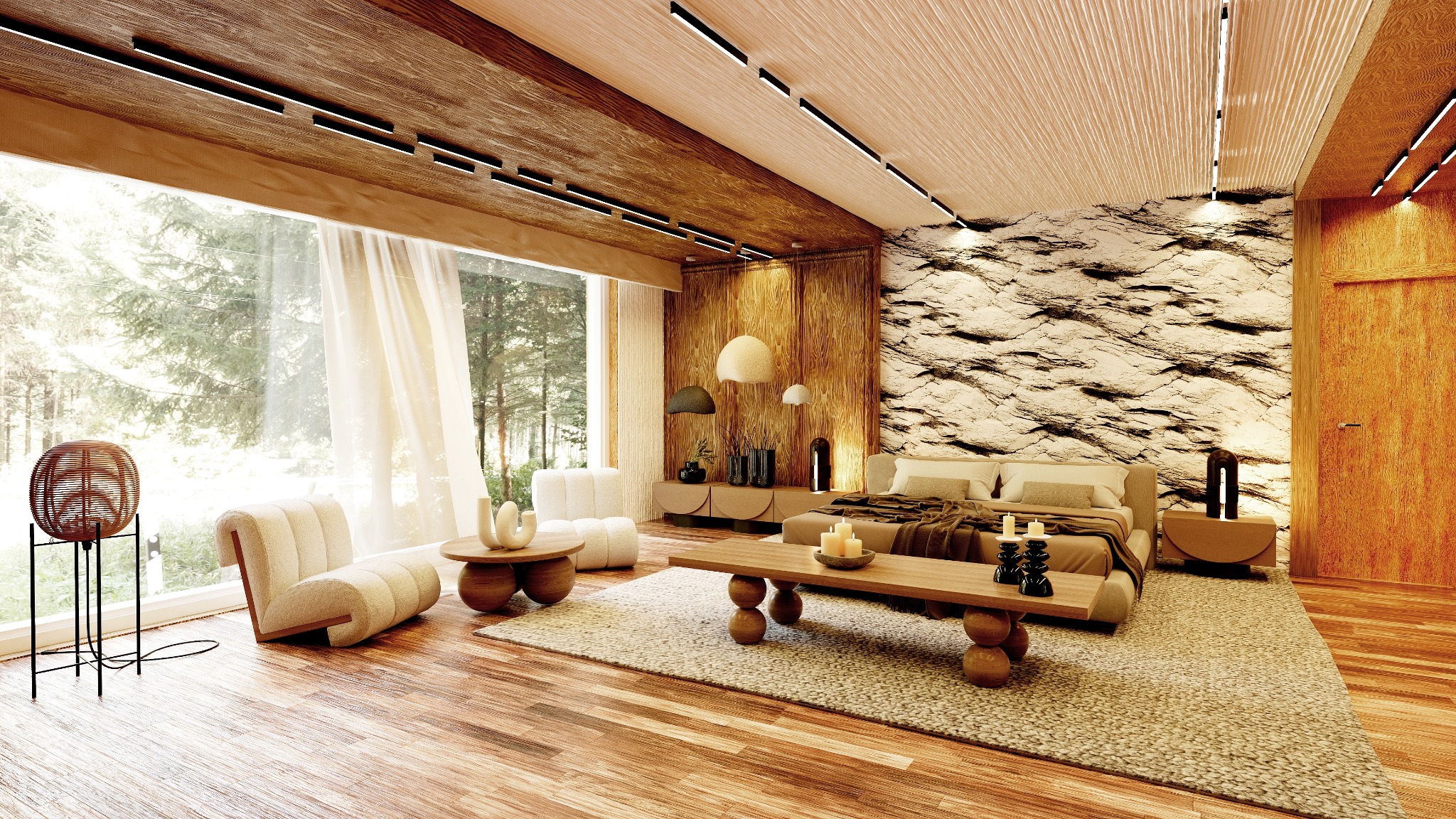 Nowoczesna aranżacja sypialni z drewnianymi akcentami, kamienną ścianą i dużym oknem z widokiem na las. Wnętrze doświetlone lampami i świecami, tworzące przytulną atmosferę.