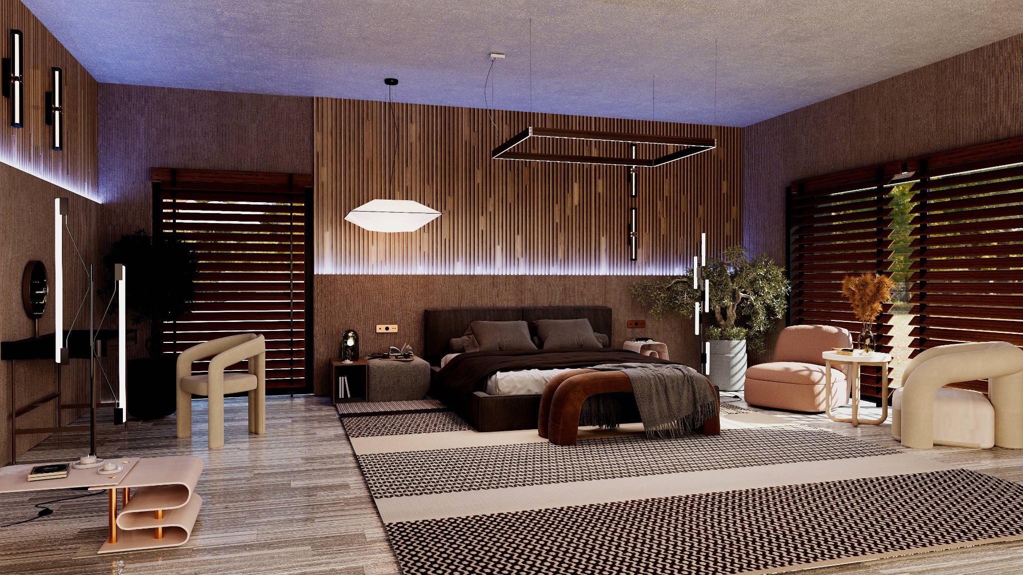 Nowoczesna sypialnia z drewnianą ścianą, designerskimi lampami i dywanem w geometryczne wzory. Stonowana kolorystyka i rośliny dodają przytulności.