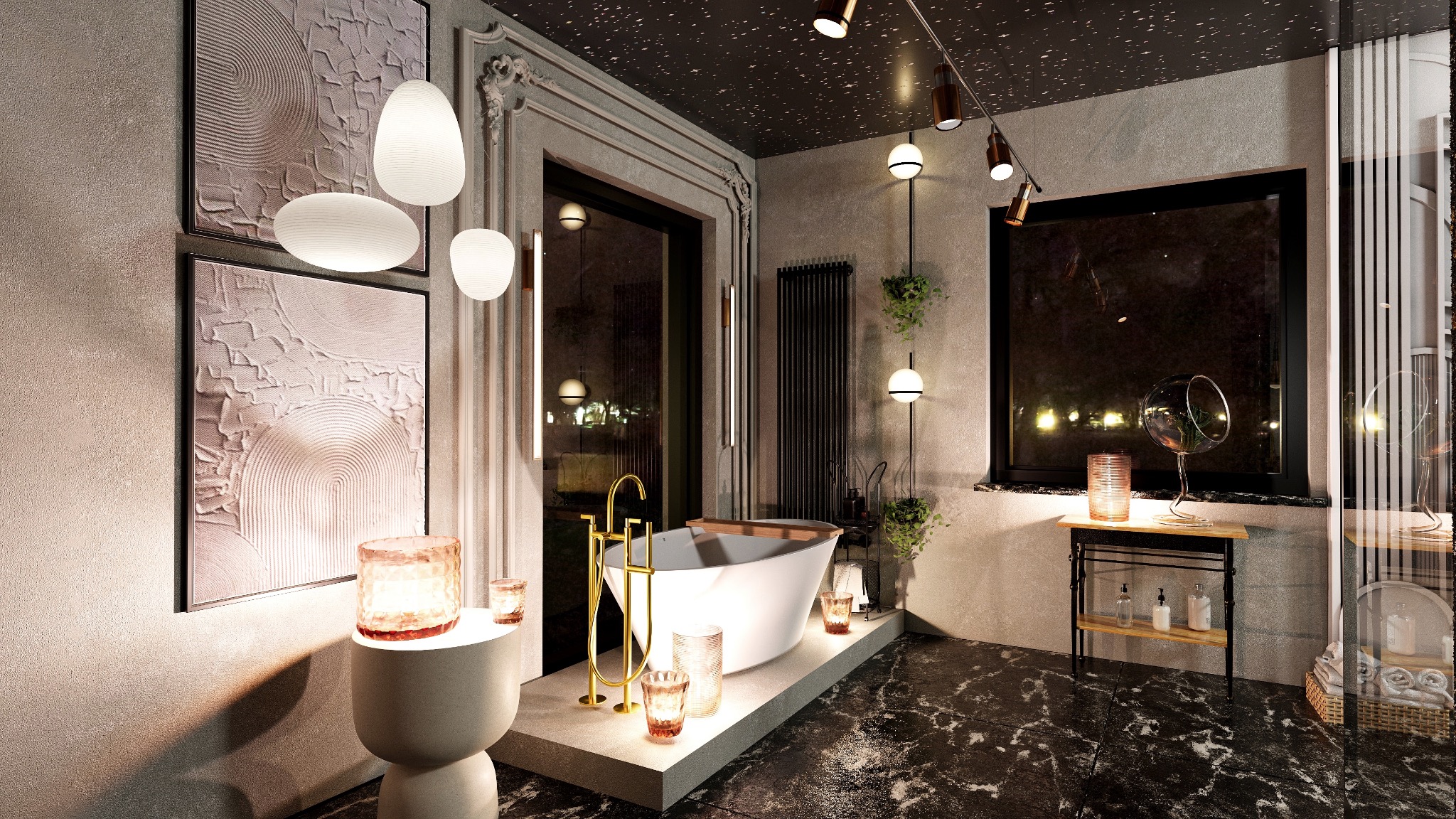 Elegancka aranżacja łazienki z wolnostojącą wanną, złotą armaturą i dekoracyjnymi lampami. Marmurowa podłoga i minimalistyczne obrazy dodają luksusowego charakteru.