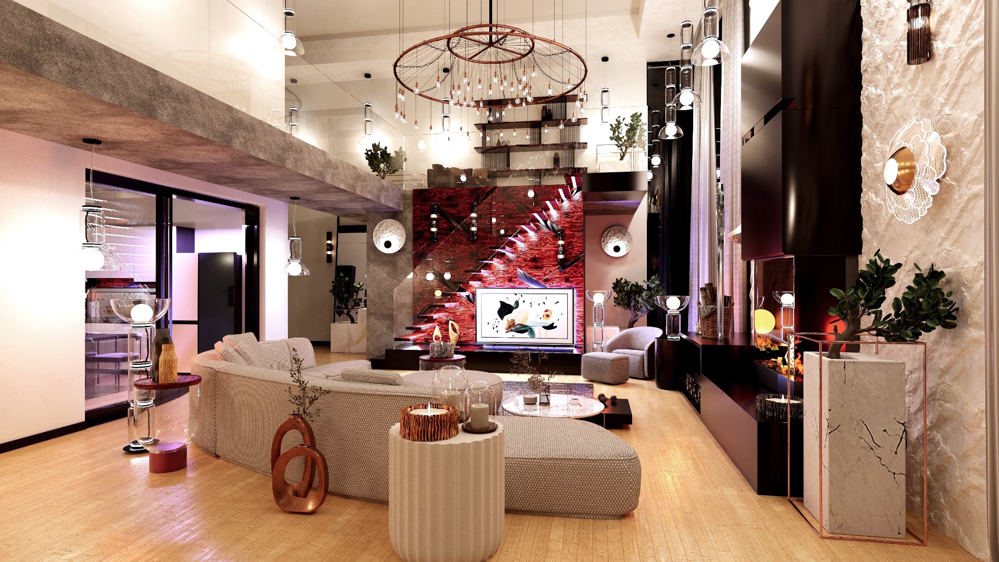 Elegancki salon z wysokim sufitem, designerskim oświetleniem i schodami z czerwonym akcentem. Wnętrze doświetlone, z roślinami i dekoracjami.