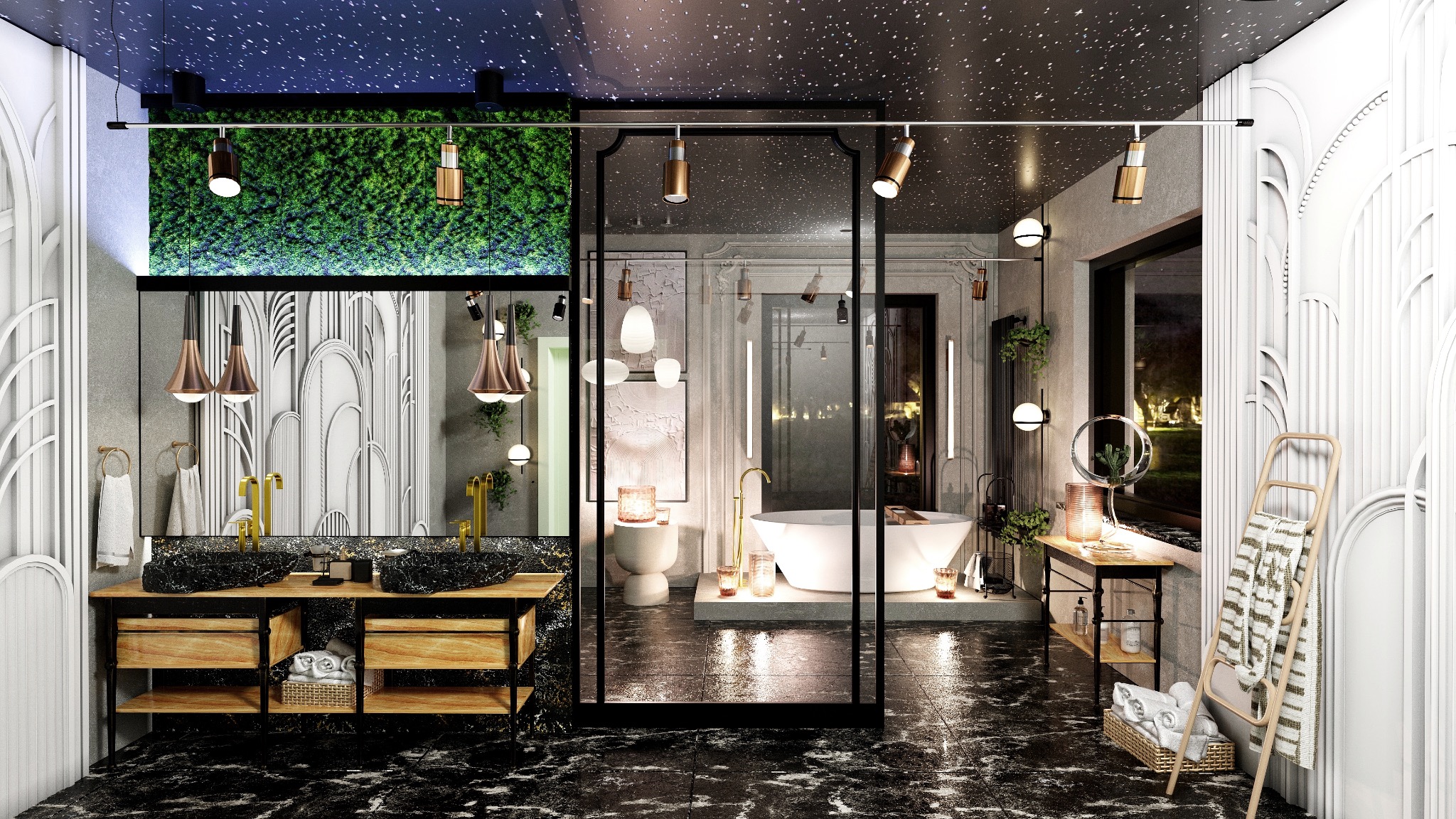 Nowoczesna aranżacja łazienki z czarnym marmurem, drewnianymi szafkami i zieloną ścianą. Oświetlenie punktowe i dekoracyjne elementy dodają elegancji.