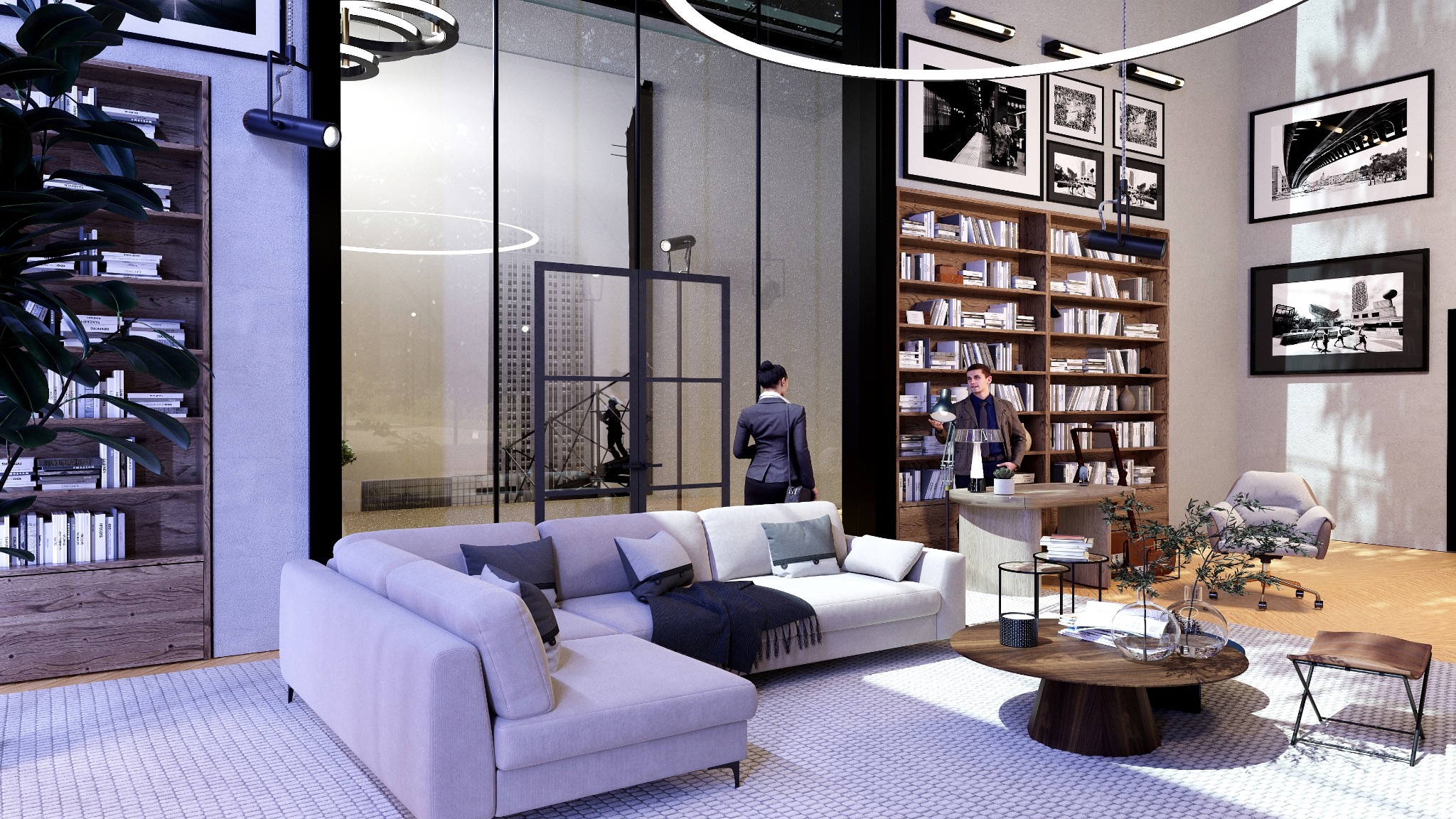 Nowoczesny salon z narożnikiem, regałem na książki i dużym oknem z widokiem na miasto. Dwie osoby w pomieszczeniu, minimalistyczny design, eleganckie oświetlenie.