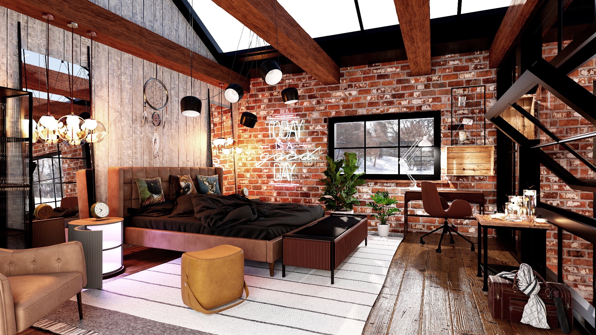 Loftowa sypialnia z ceglaną ścianą, neonem 'Today is a good day', drewnianymi belkami i oknem na zimowy krajobraz. Industrialny design z elementami vintage.