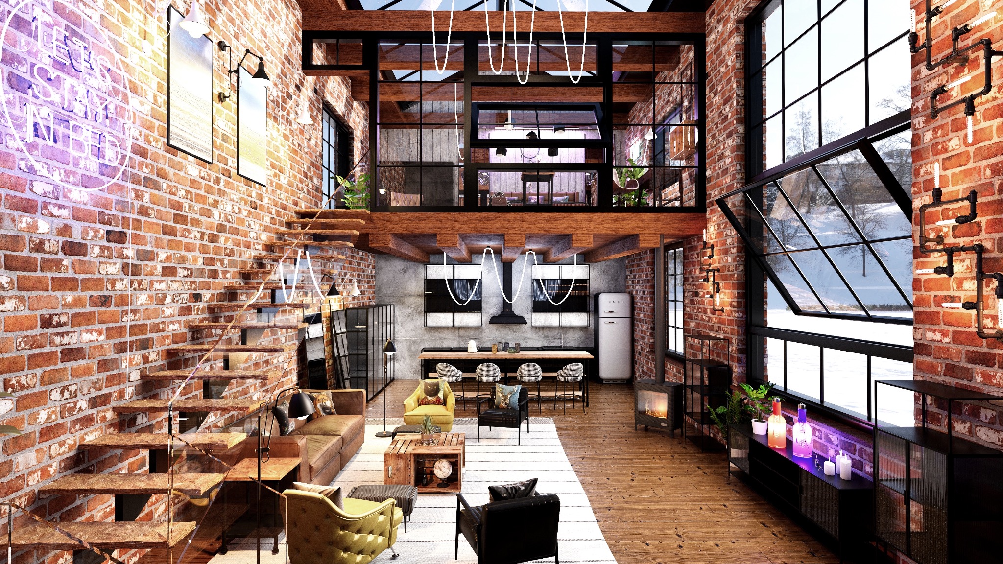 Dwupoziomowe mieszkanie w stylu loft z ceglanymi ścianami, drewnianymi schodami i dużymi oknami. Widoczna kuchnia, salon i antresola. Oświetlenie neonowe i industrialne.