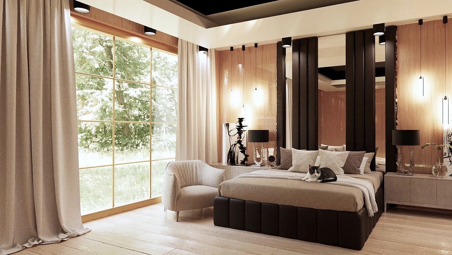 Jasna sypialnia z dużym oknem, kotem na łóżku i drewnianymi panelami. Minimalistyczny design z akcentami w kolorze beżu i czerni. Długie, jasne zasłony.