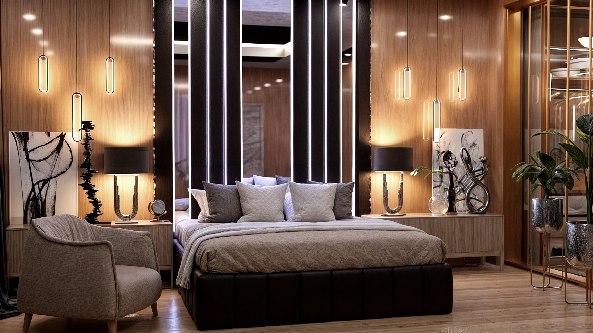 Nowoczesna aranżacja sypialni: łóżko z czarną ramą, drewniane panele, designerskie lampy i abstrakcyjne obrazy. Stonowana kolorystyka i eleganckie dodatki.