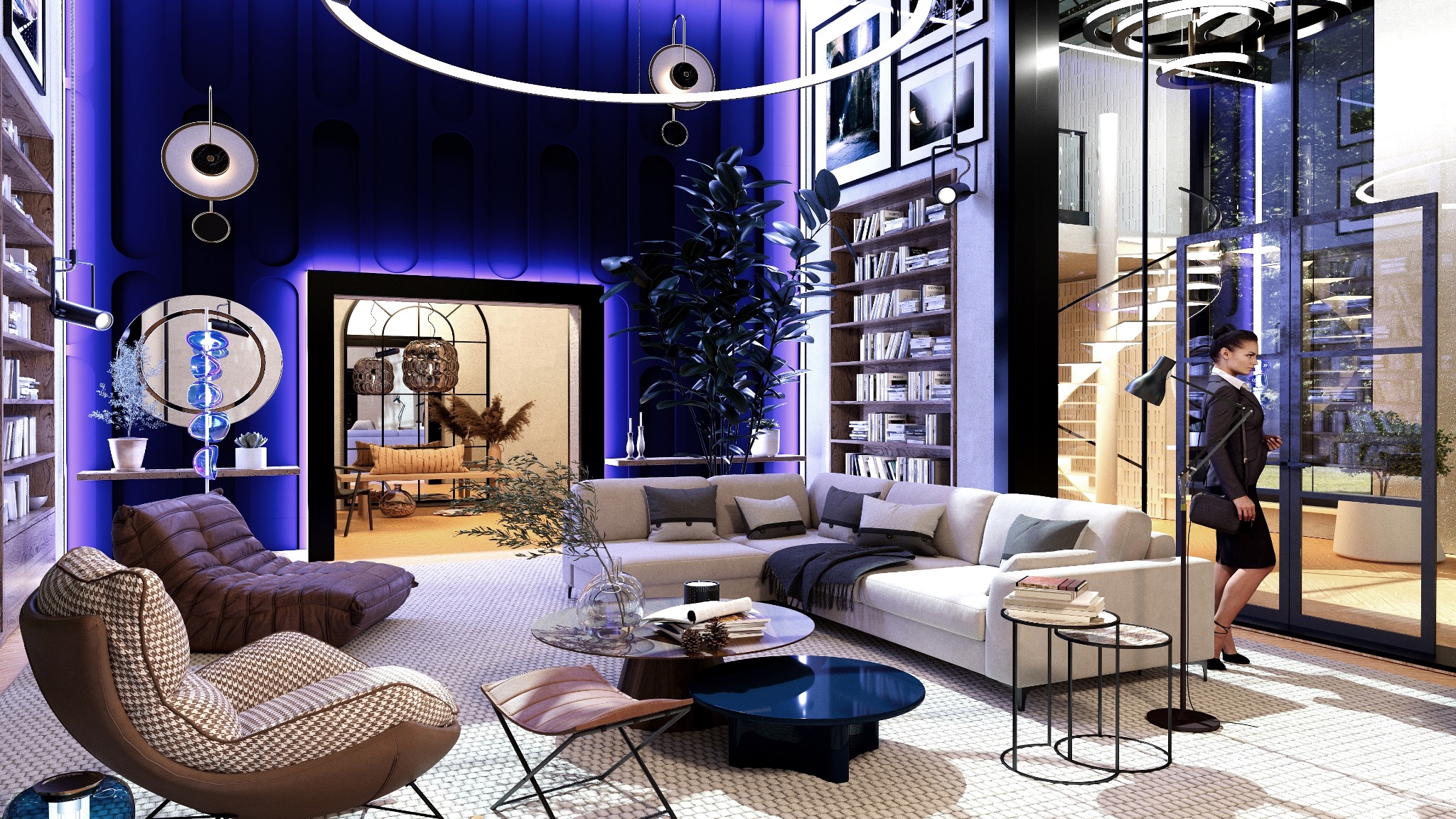 Elegancka aranżacja salonu z niebieską ścianą, nowoczesnymi meblami i dekoracyjnym oświetleniem. Kobieta wchodzi do pomieszczenia przez przeszklone drzwi.