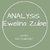 Logo biura rachunkowego w okręgu na zielonym tle, z napisem 'ANALYSIS Ewelina Zube' u góry i 'BIURO RACHUNKOWE' na dole, wykonane białą, ozdobną czcionką.