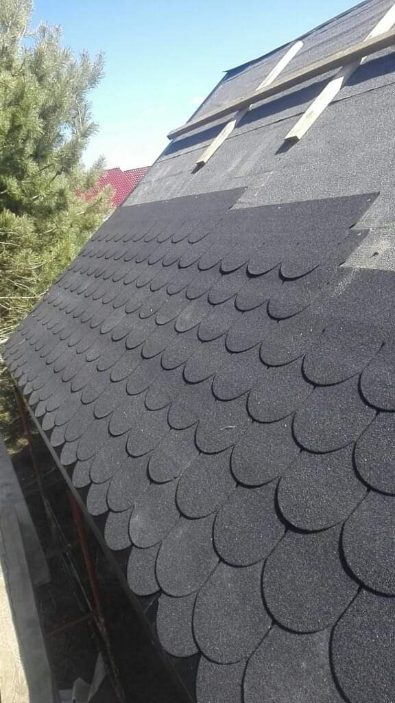 Fragment dachu pokrytego czarnym gontem bitumicznym w kształcie rybiej łuski, z widocznymi łatami drewnianymi i fragmentem zielonego drzewa w tle.
