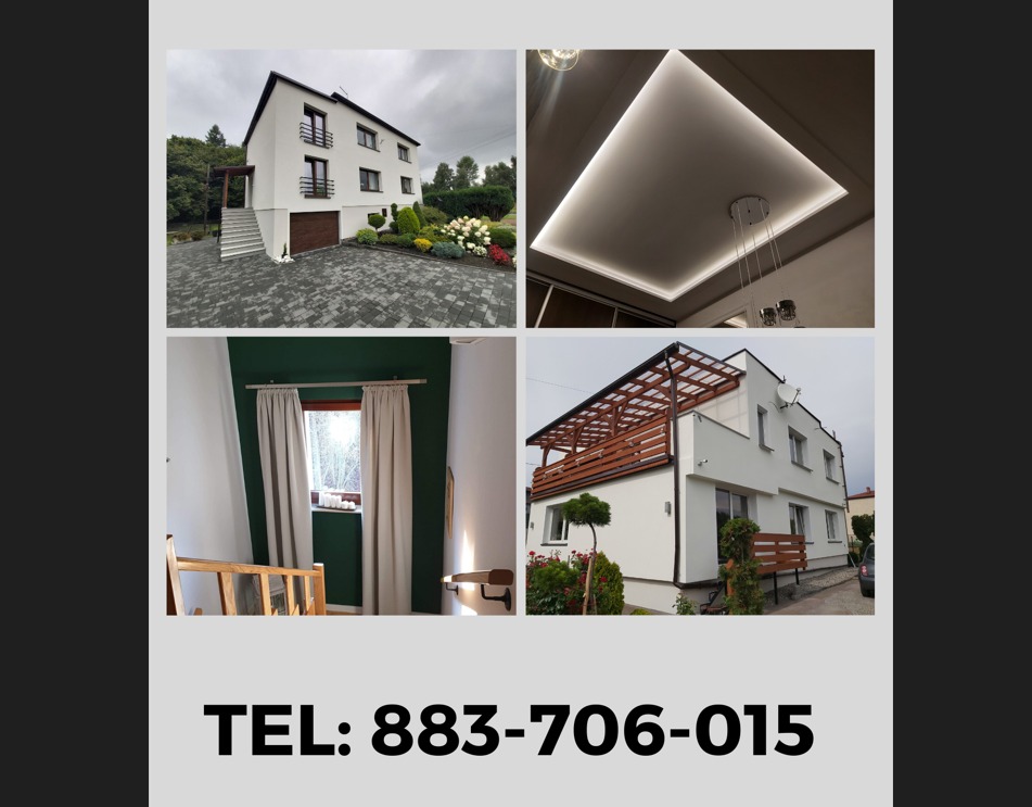 Kolaż zdjęć przedstawiający biały dom z ogrodem, oświetlenie sufitowe LED, wnętrze pokoju z zieloną ścianą i oknem oraz dom z drewnianą konstrukcją balkonu.