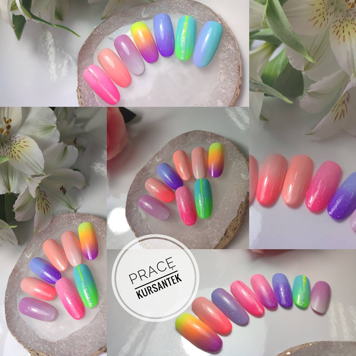 Kolaż przedstawiający gradientowe wzory paznokci w pastelowych kolorach, ułożone na dekoracyjnych podstawkach, z białymi kwiatami w tle i napisem 'Prace Kursantek'.