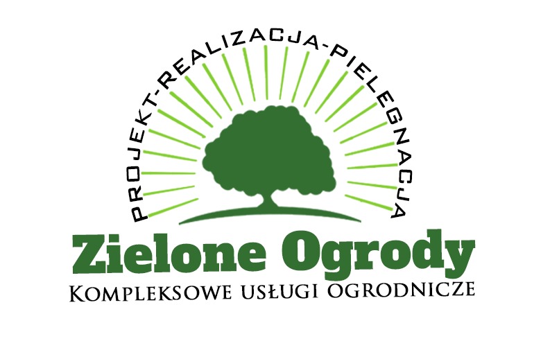 Logo firmy ogrodniczej Zielone Ogrody z zielonym drzewem i napisem 'Projekt-Realizacja-Pielęgnacja' w łuku nad nazwą firmy.