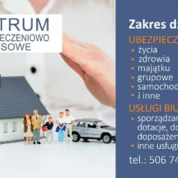 Model domu i rodziny pod ochronnymi dłońmi, obok model samochodu, po prawej zakres działalności firmy ubezpieczeniowej.