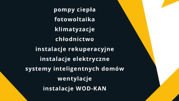 Grafika reklamowa z listą usług: pompy ciepła, fotowoltaika, klimatyzacje, chłodnictwo, instalacje rekuperacyjne, instalacje elektryczne, systemy inteligentnych domów, wentylacje, instalacje...
