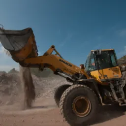 Żółta ładowarka Komatsu 380 wysypuje zawartość łyżki na usypisko ziemi i gruzu, widoczna sylwetka operatora w kabinie, błękitne niebo w tle.