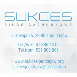 Wizytówka Biura Rachunkowego Sukces z Jędrzejowa, adres, telefony i adres e-mail na białym tle z geometrycznym wzorem.