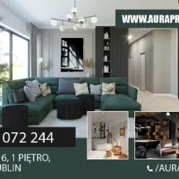 Wizualizacja salonu z dużym, narożnym, zielonym kanapą, czarnymi stolikami kawowymi o fakturze drewna, wysoką rośliną doniczkową przy oknie i dekoracyjną ścianką działową z metalową konstrukcją.