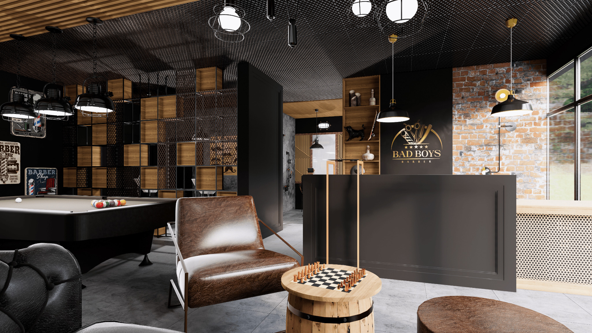 Wnętrze salonu barberskiego z bilardem, szachami na beczce i recepcją z logo 'Bad Boys Barber'. Widoczne oświetlenie sufitowe, regały z drewnianymi przegródkami i ceglana ściana w tle.